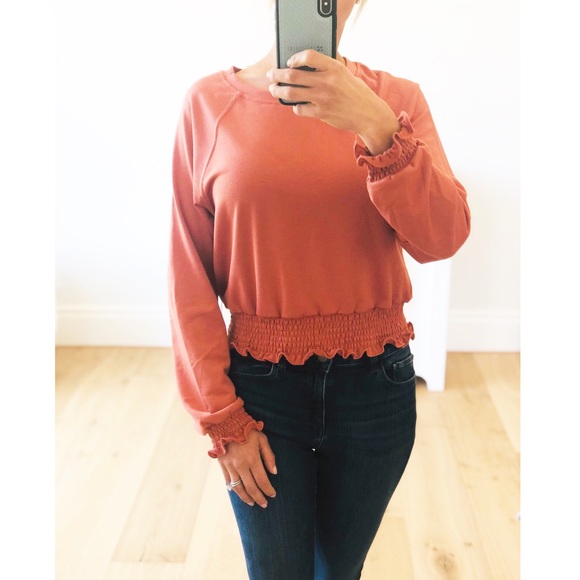 LAST 1! Pumpkin French Terry Smocked Waist Top - Picture 2 of 8